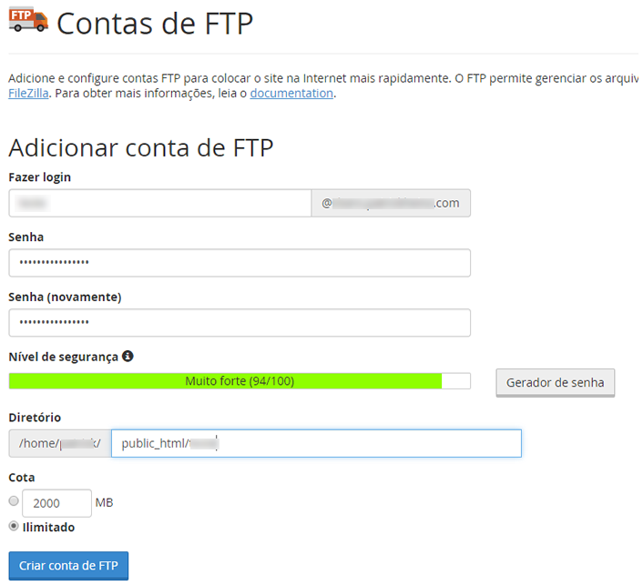 Adicionar Conta de FTP